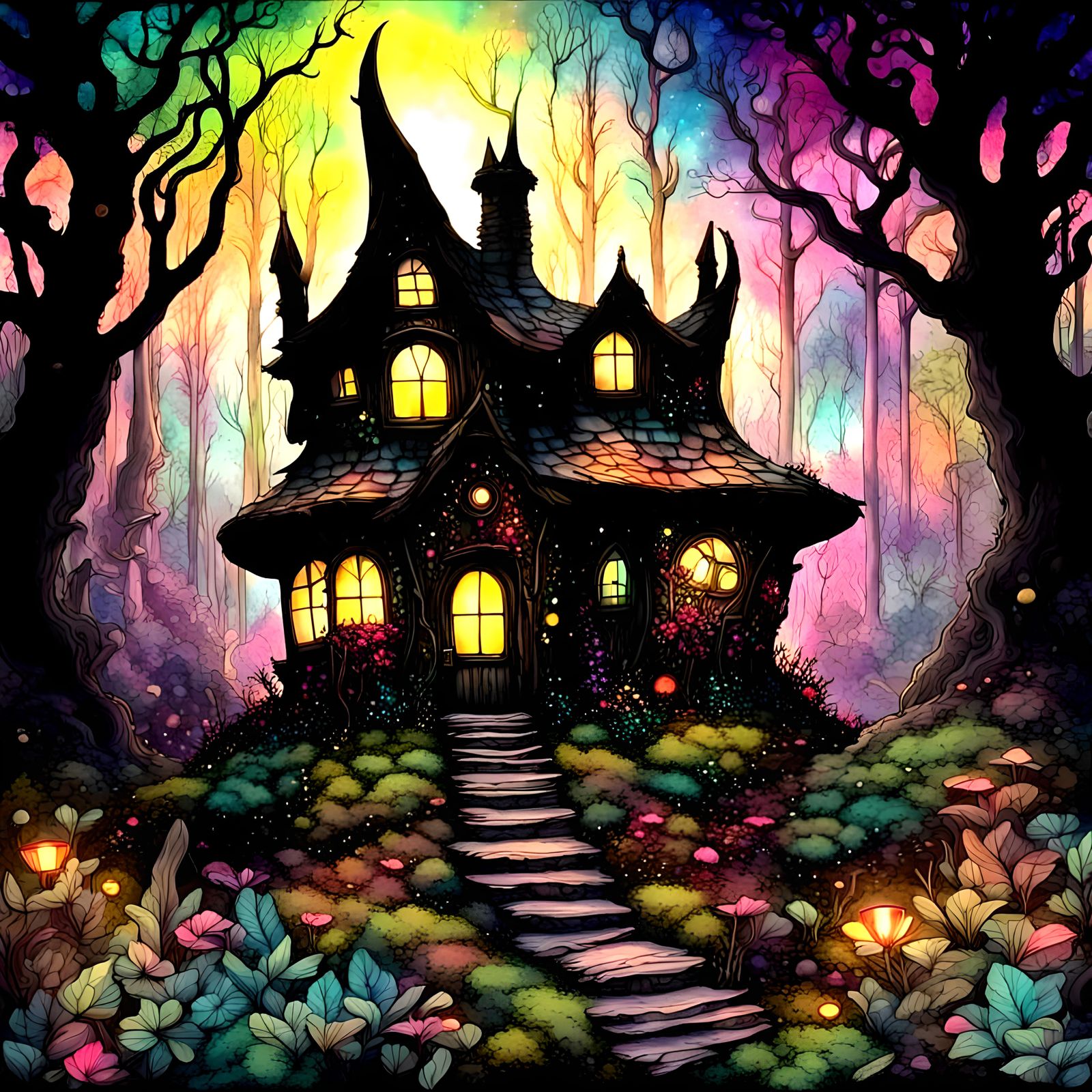 Ultradetailed ultradetild Flourescnt fantasy fairy house  in...