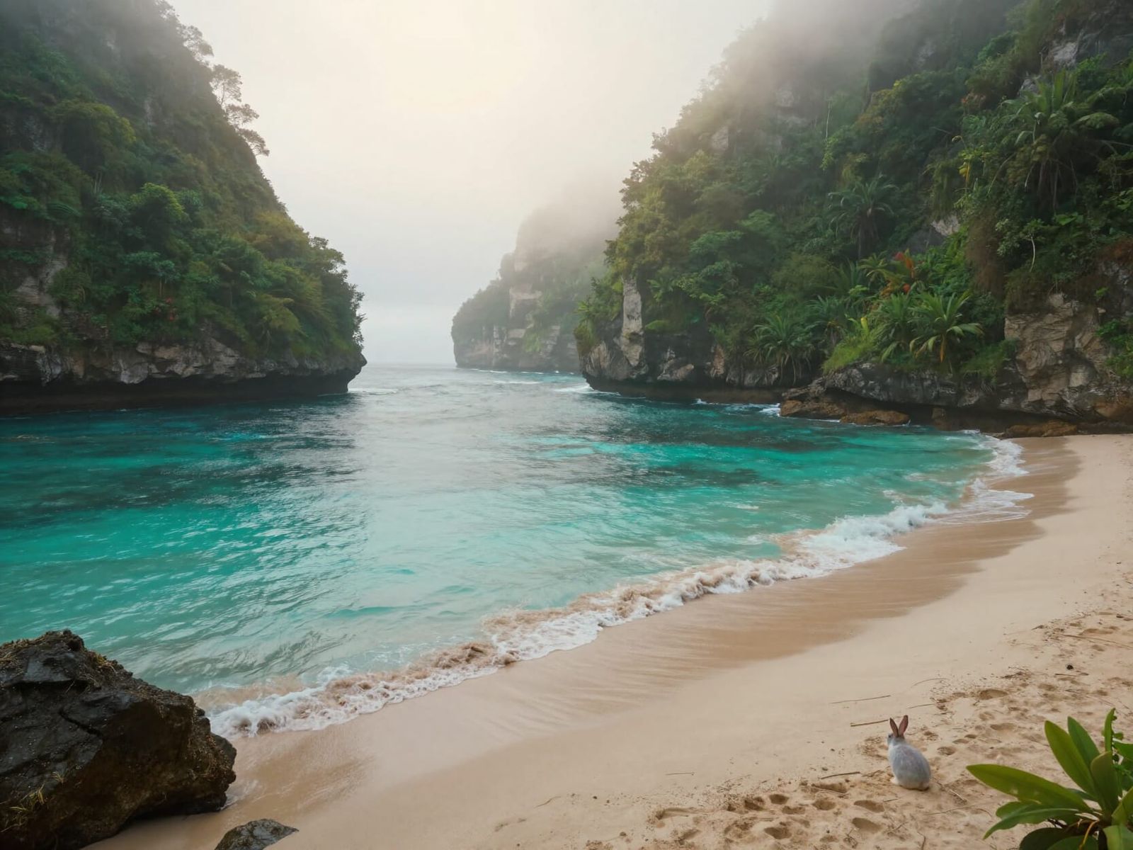 Serene Hidden Cove at Dawn with Misty Cliffs