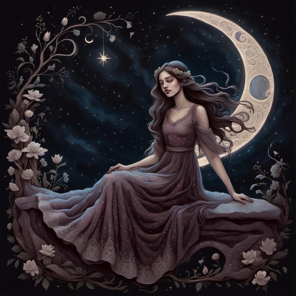 Girl on Moon in Night Sky: Charcoal Sketch