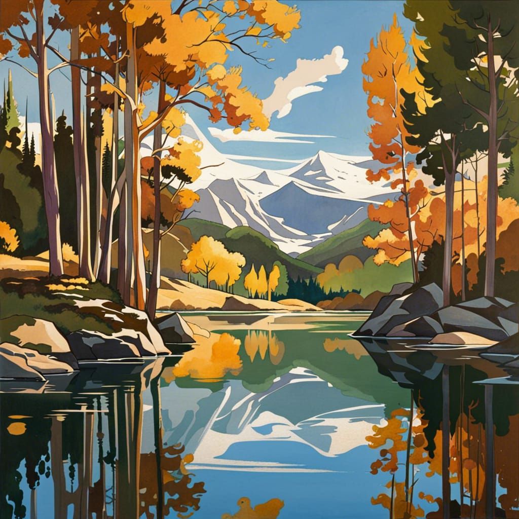 Tranquil Lake Reflections in Comic Book Style