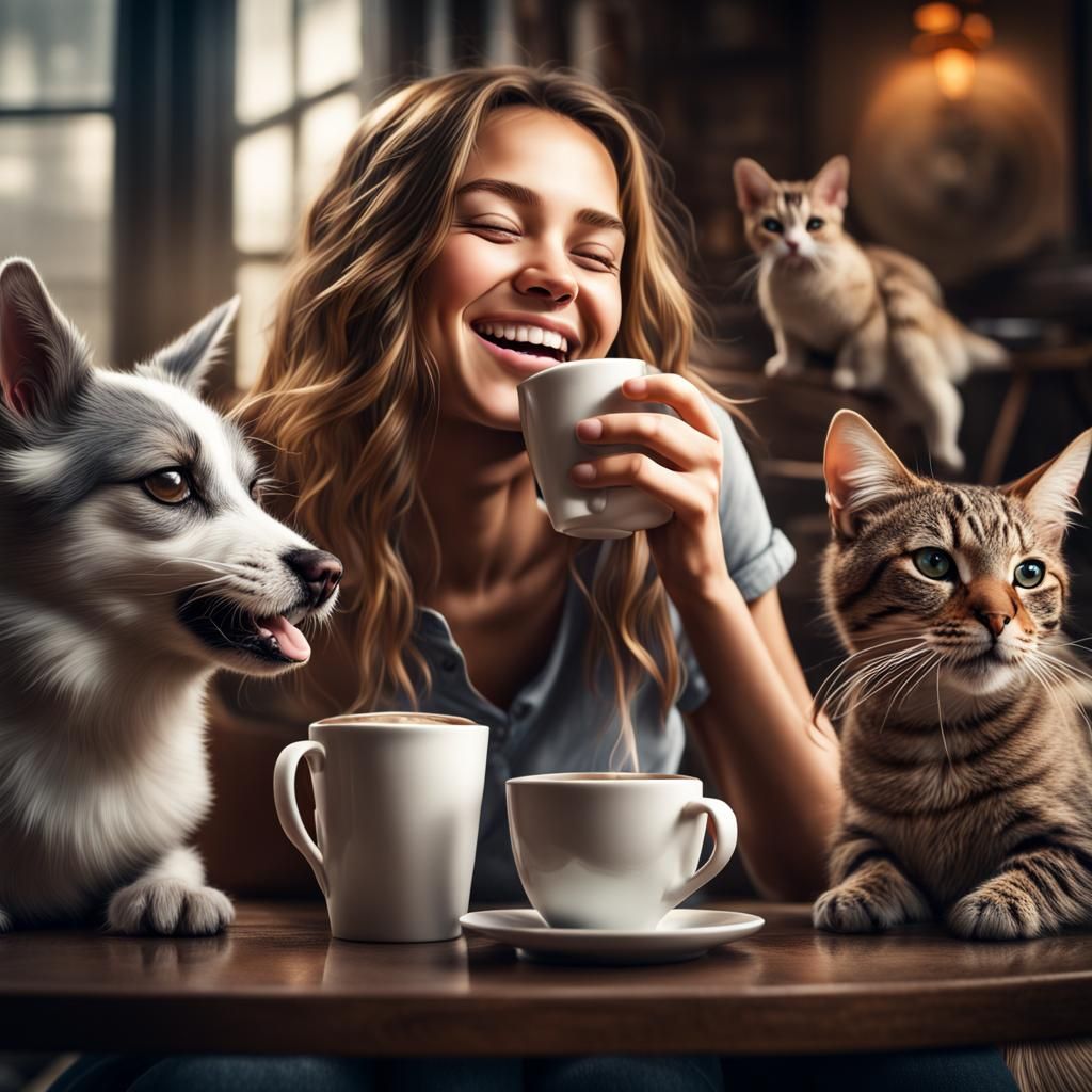 Laughing Girl with Pets: Hyperrealistic 64MP Photo