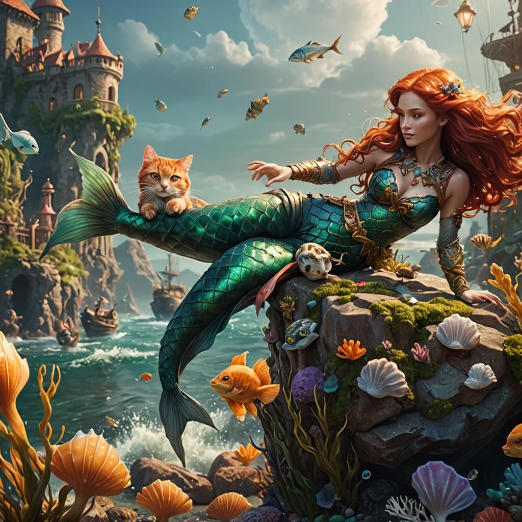 Redhead Mermaid with Mer-Cat: Fantasy Concept Art