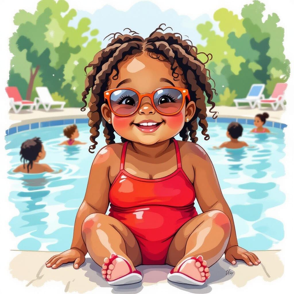 Happy Girl in Red Swimsuit, Watercolor Style