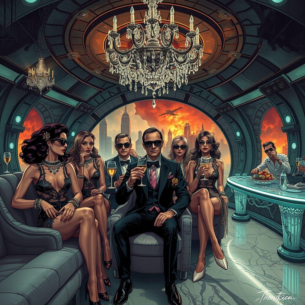 Dystopian Elite Indulge in Luxury Amidst Apocalypse