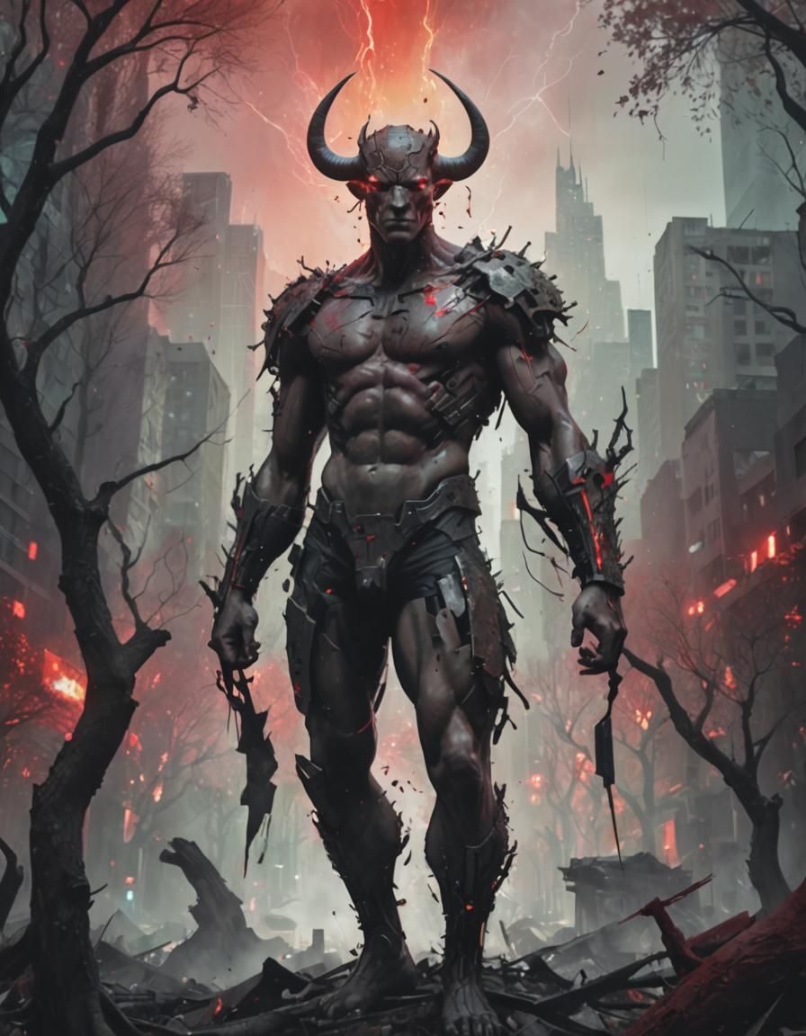 Ox-like Man Dominates Ruined Cityscape in Neofuturist Style