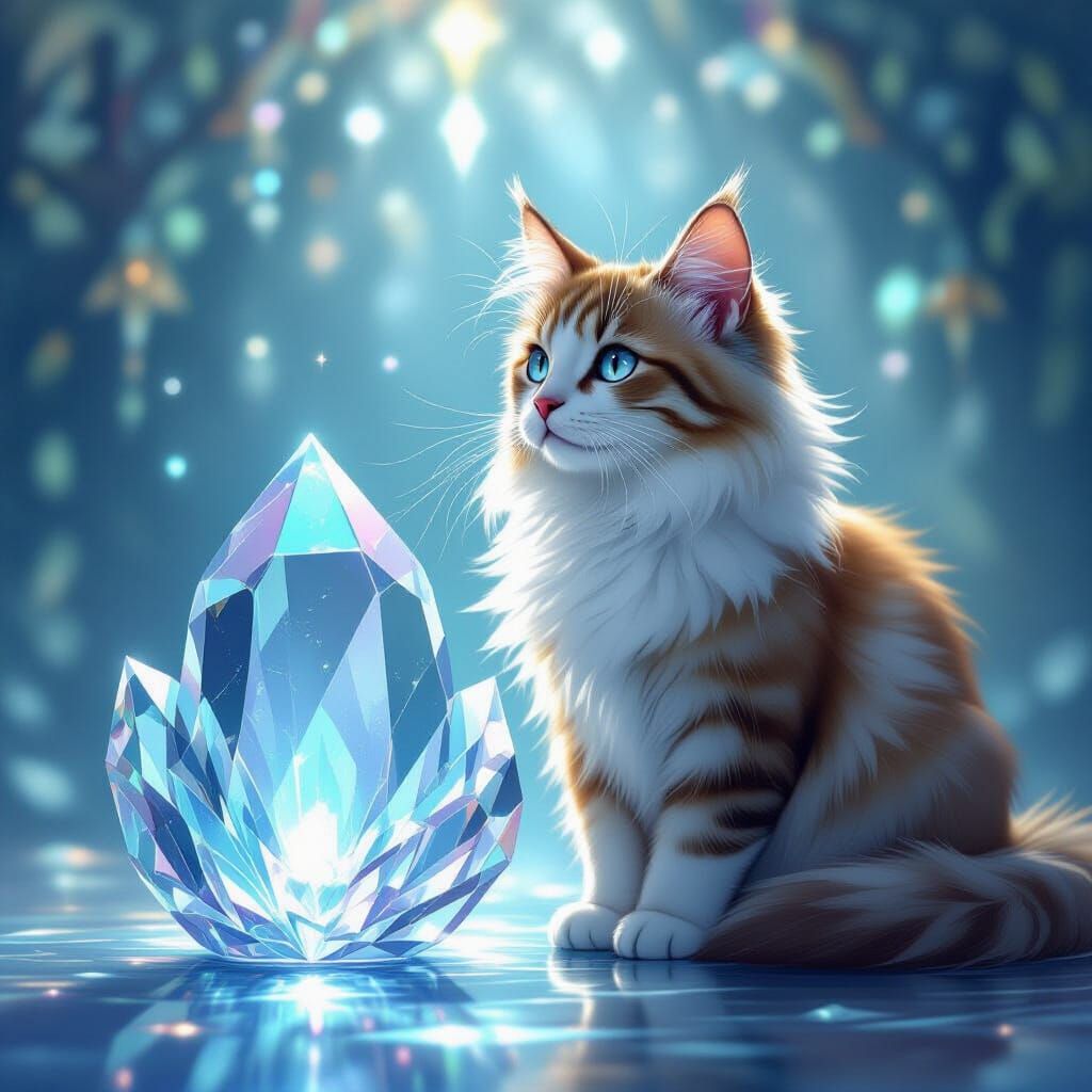 Mystical Cat with Crystal in Dreamy Style