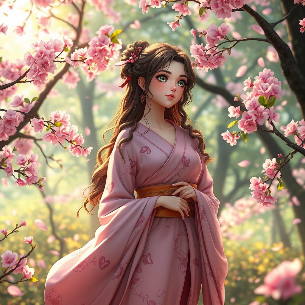 Serene Hanami Dryad in Vibrant Forest Landscape