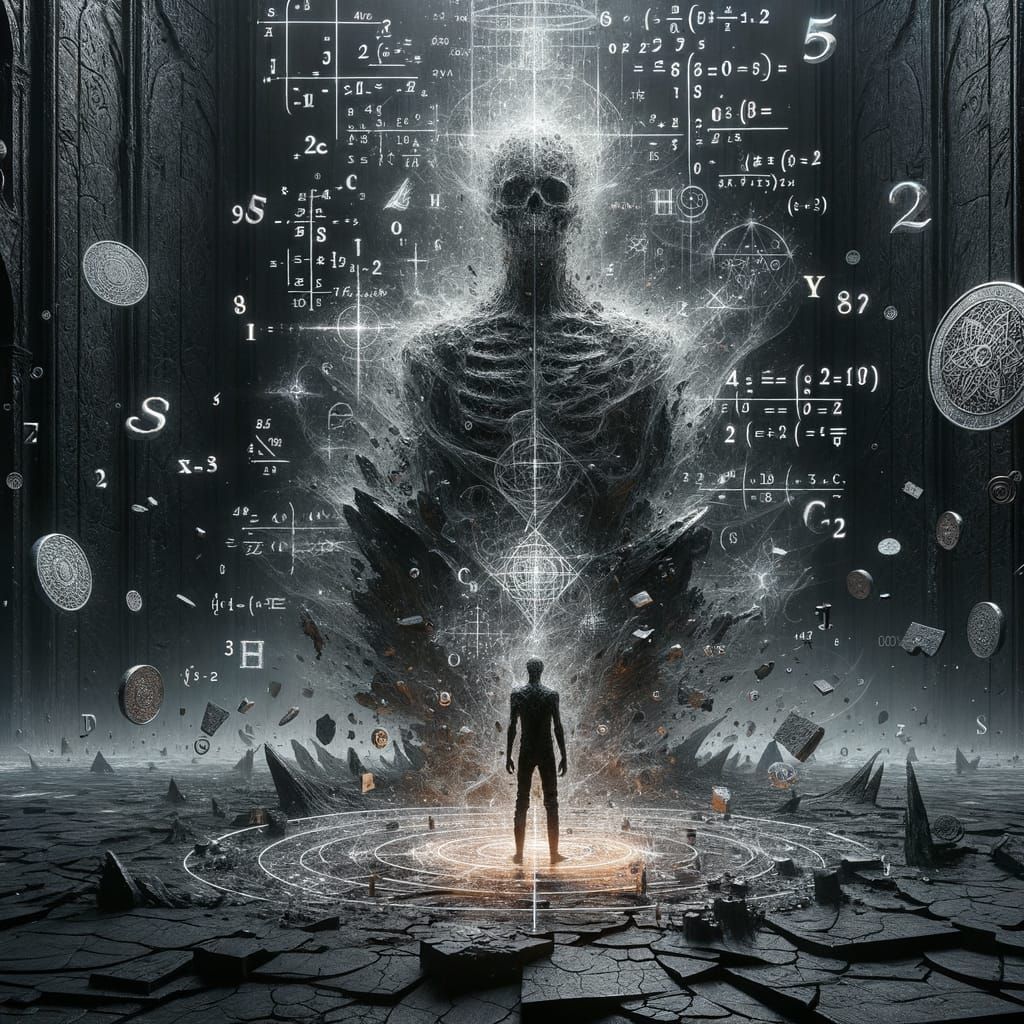 Skeleton in Ruined Hall with Ghostly Symbols