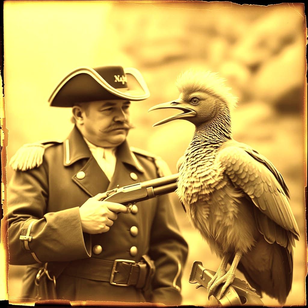 Colonial Officer Meets Happy Dodo in Sepia Toned Scene