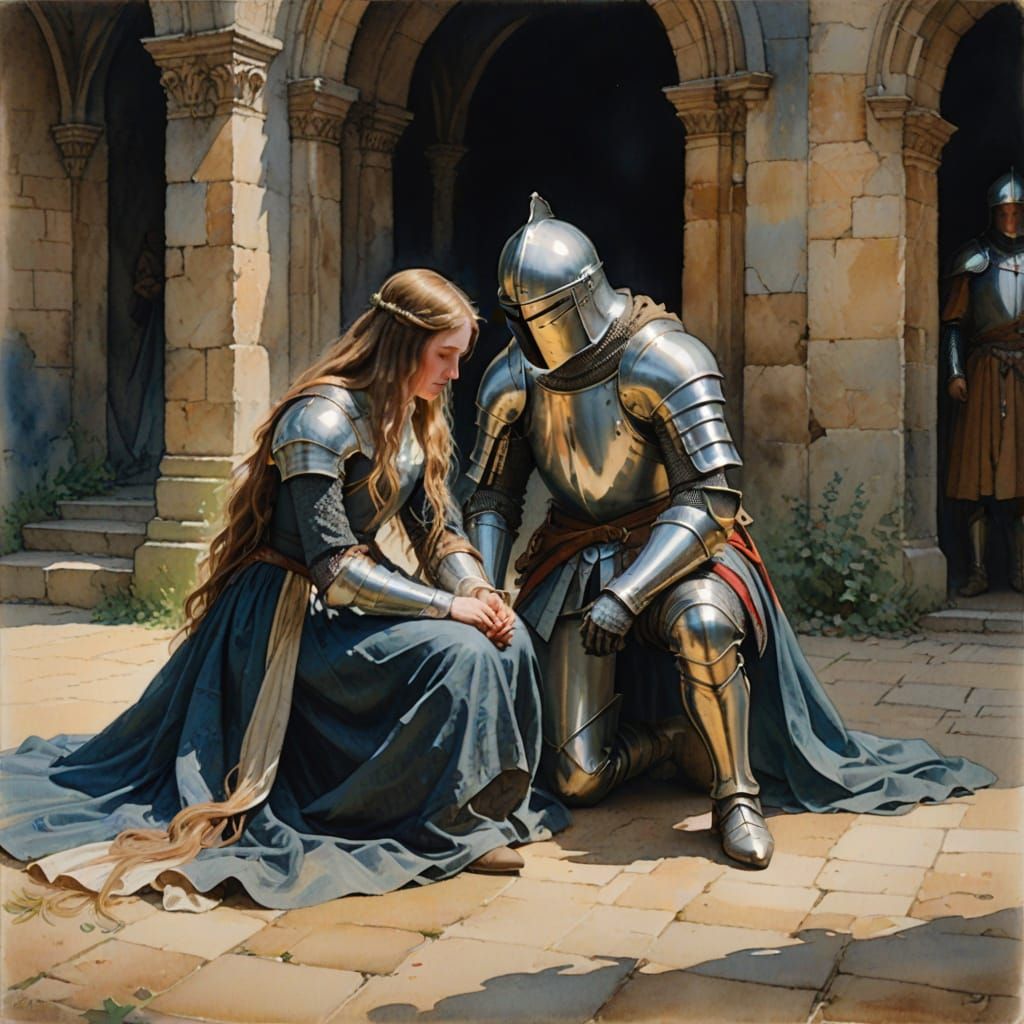 Medieval Knight and Woman in Delicate Watercolor