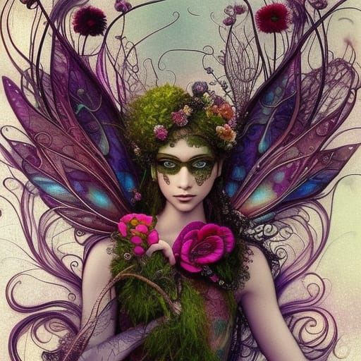 Fantasy Fairy Portrait with Moss Mask, Borderlands Style
