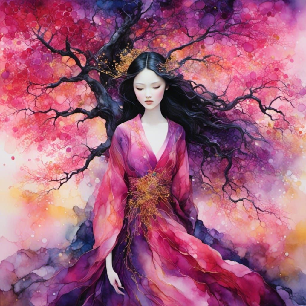 Woman in Pink Kimono in Vapor-Shrouded Landscape