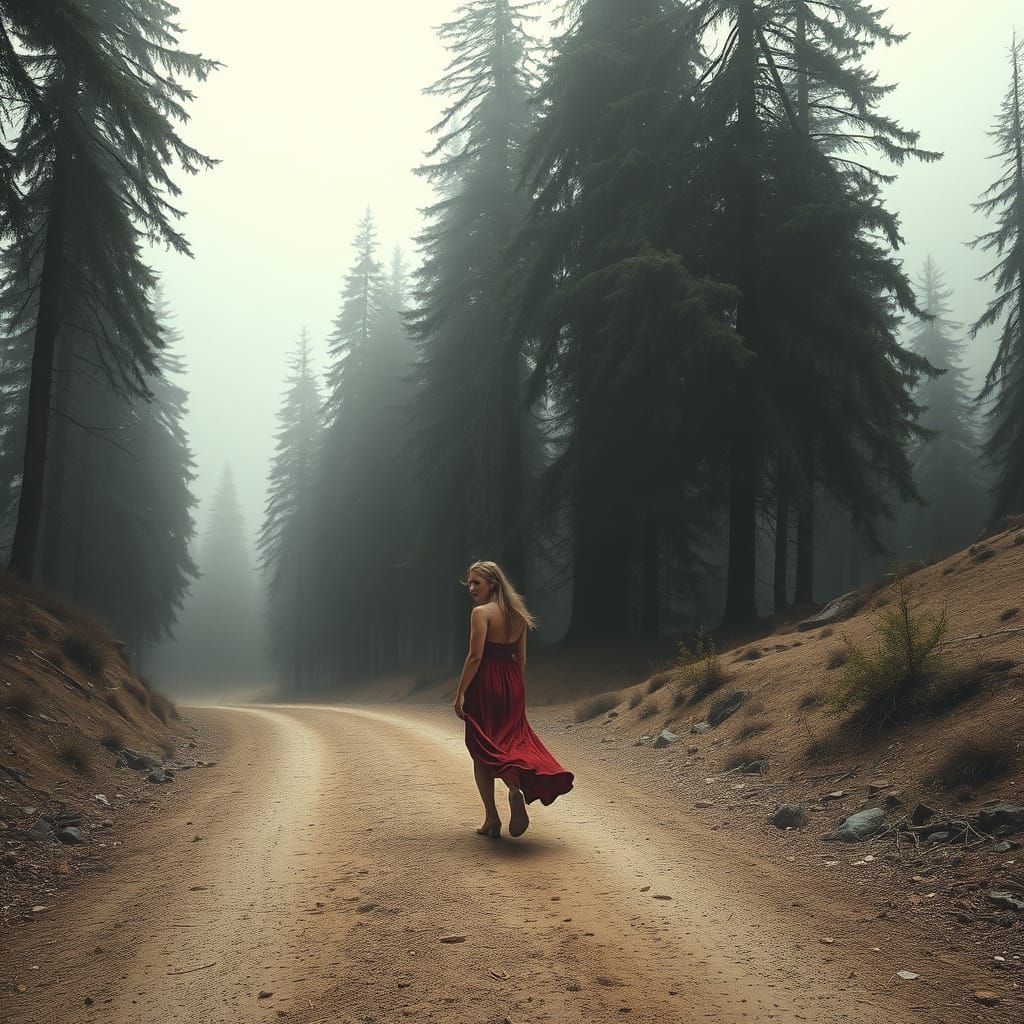 Woman on Misty Mountain Path in Cinematic Style