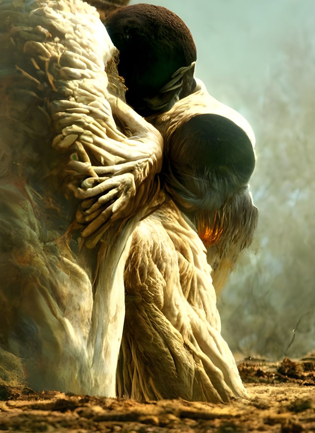 Passionate Embrace in Dystopian Art Style