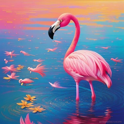 Pink Flamingo Wading: Vibrant Oil Painting