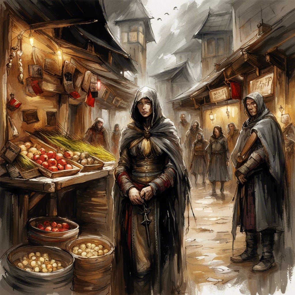Lively Medieval Market Scene in Romantic Realist Style