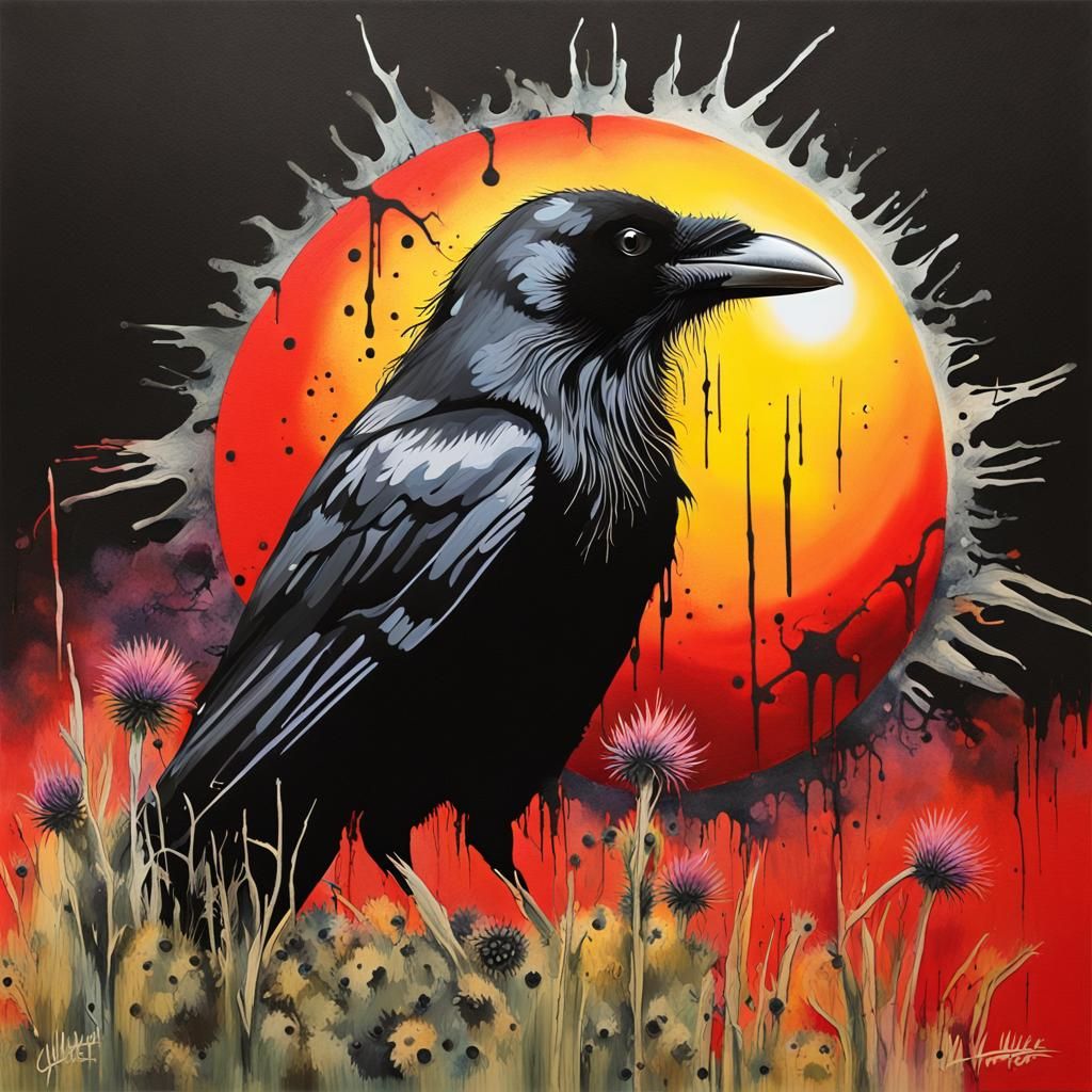 Crow Caricature with Black Sun Eclipse in Splash Ink Style