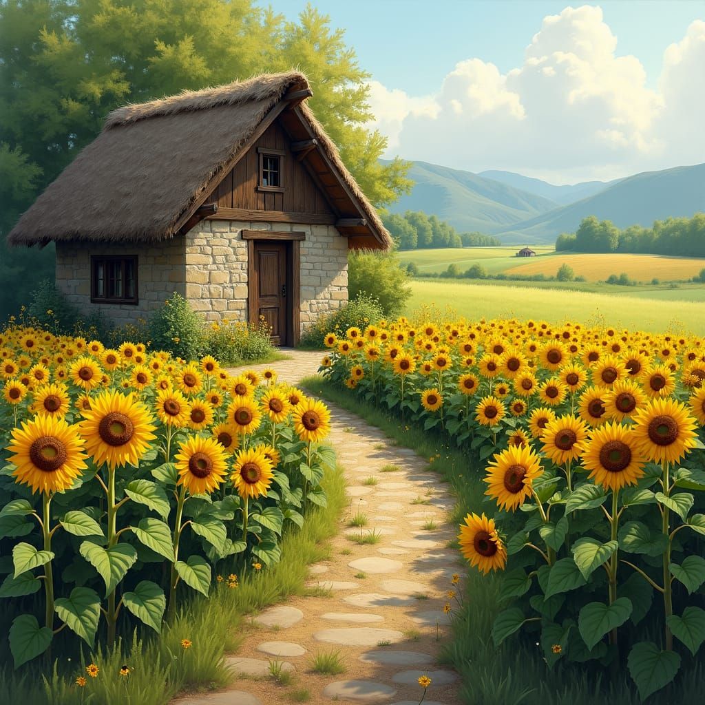 Sunlit Native House in Sunflower Garden: Impressionistic Lan...
