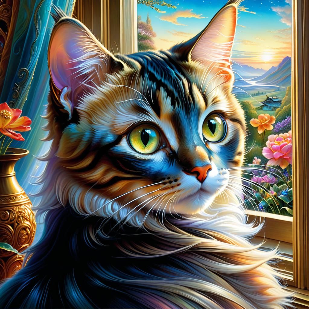 Adorable Cat with Big Eyes Looks Out Window