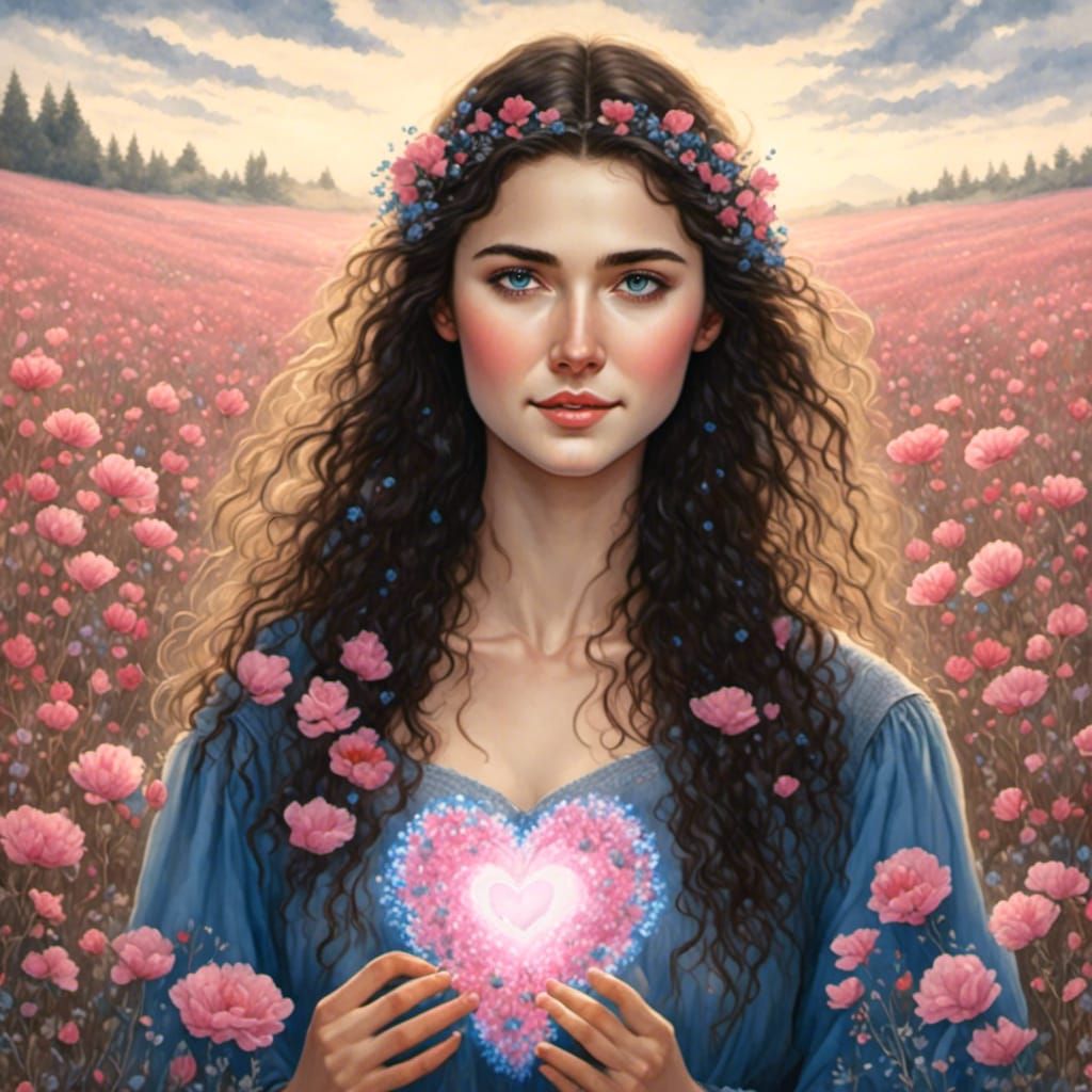 Russian Girl Holding Glowing Heart in Flower Field