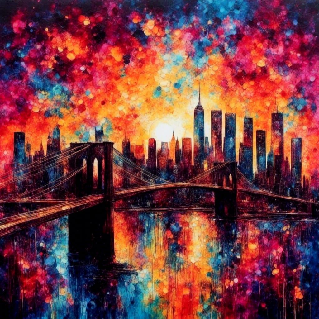 Brooklyn Bridge Sunset in Alcohol Inks Style