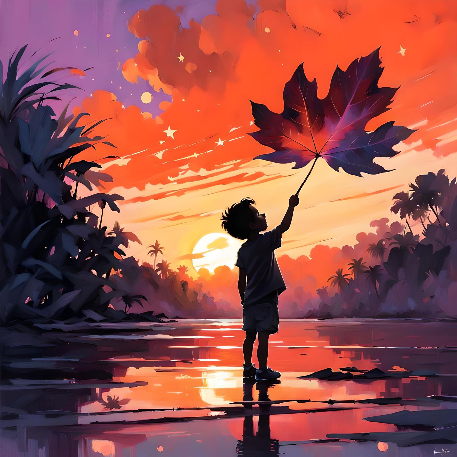 Child Silhouette Under Sunset, Digital Illustration