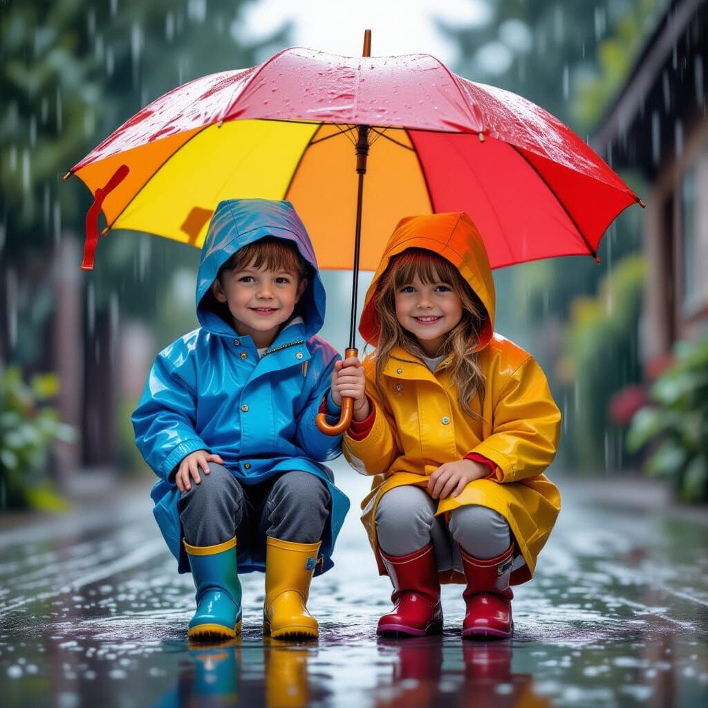 Children in Rain with Umbrella: Photorealistic 8K Image