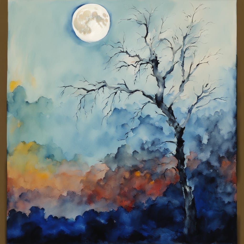 Moon Over Solitary Poplar in Japanese Ink Style