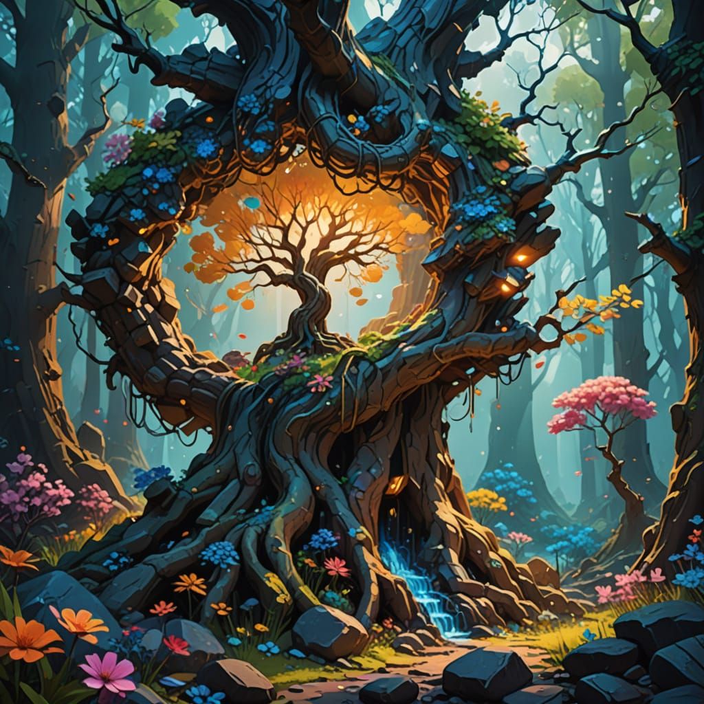 Mystical Tree in Vibrant Woodland Wonderland