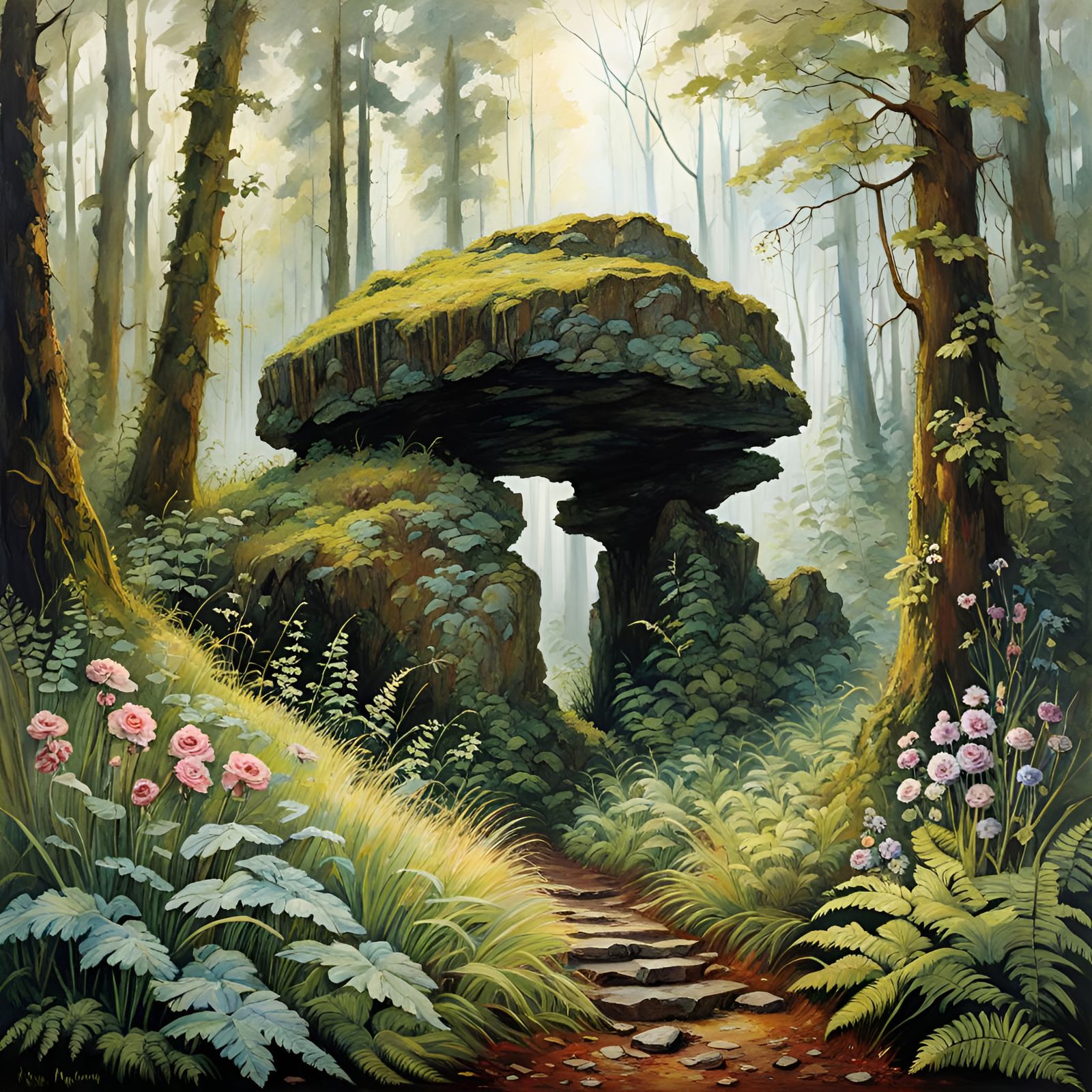 Mystic Forest Path to Megalith Stone