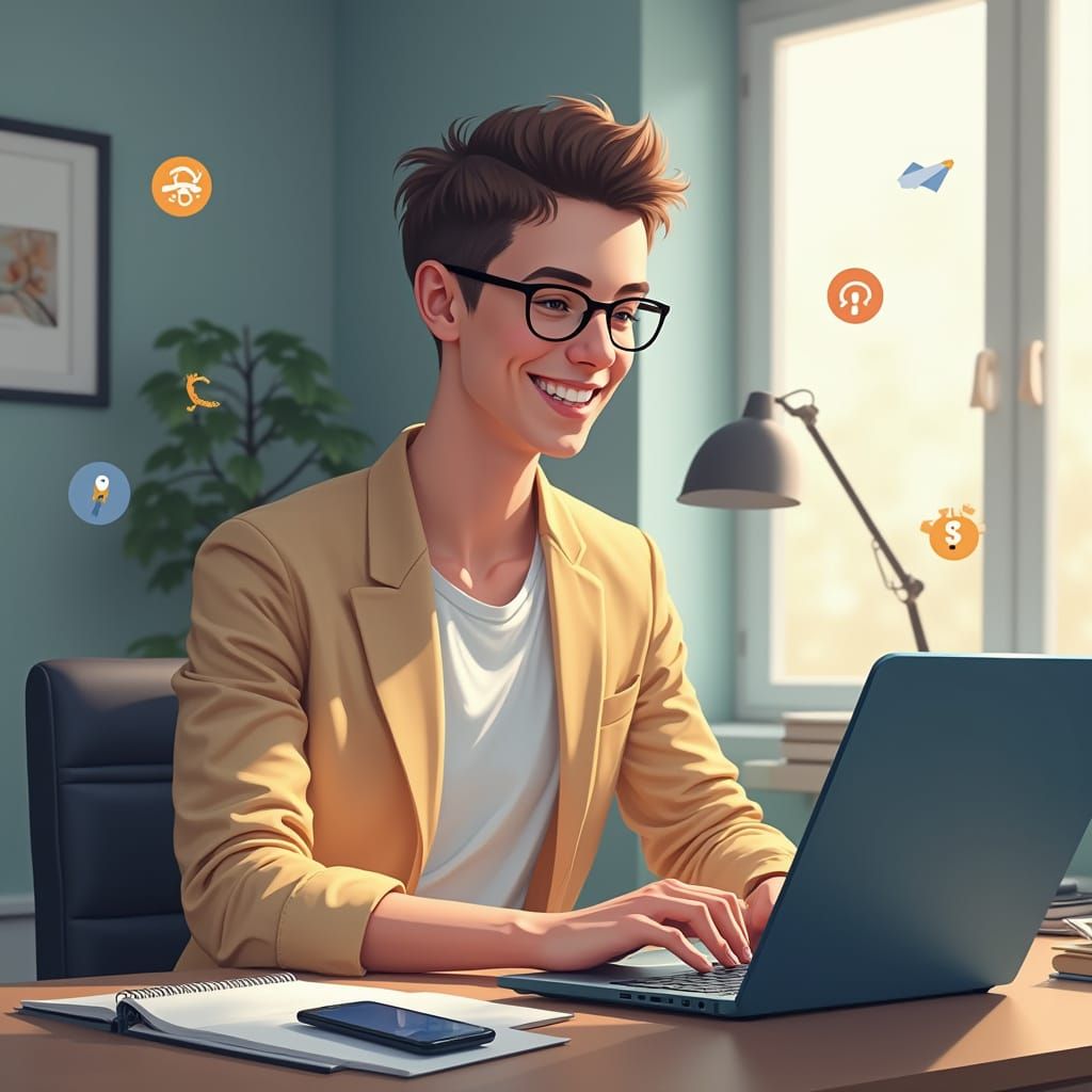 Person Working at Home Surrounded by Graphic Icons