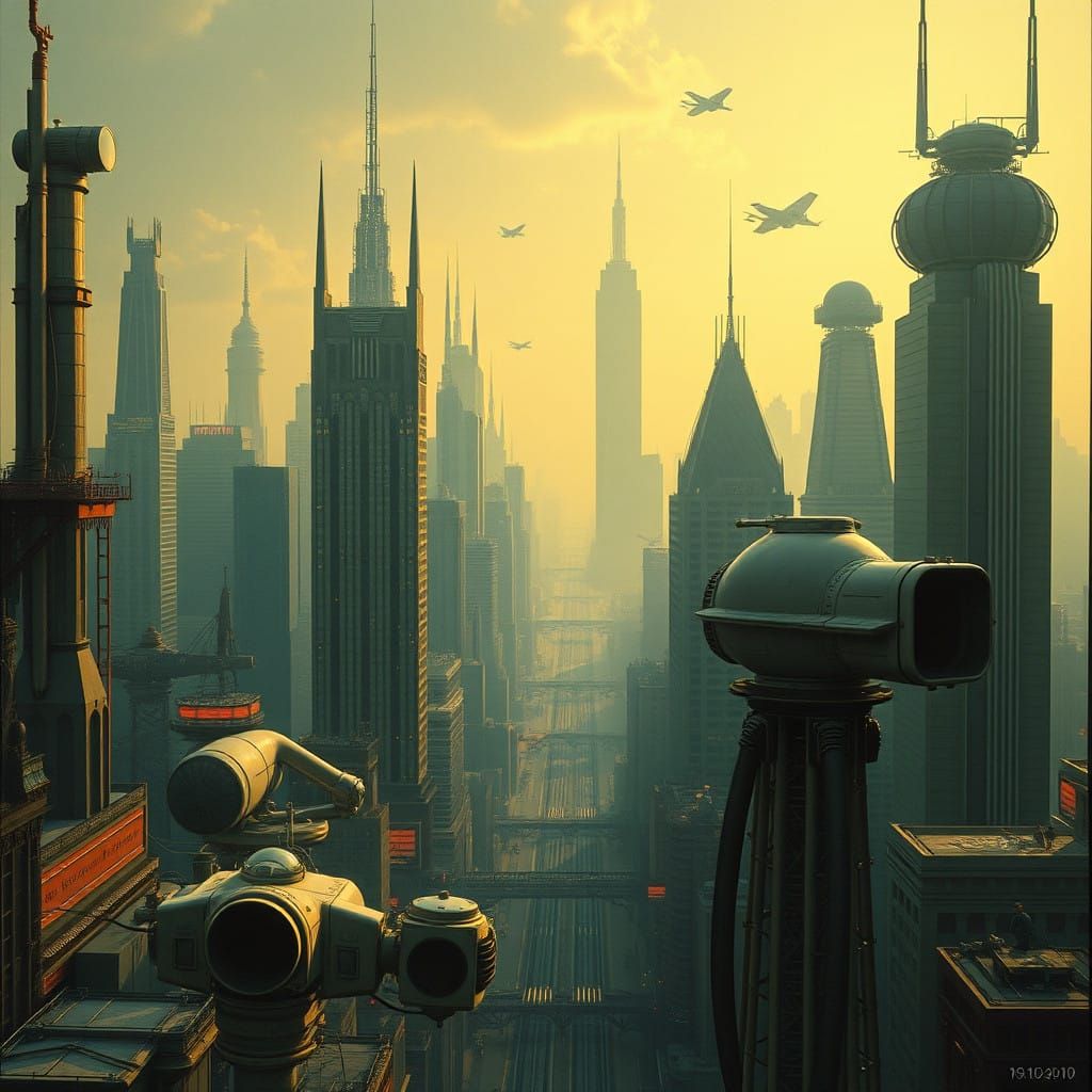 Retro-Futuristic Cityscape in Golden Light