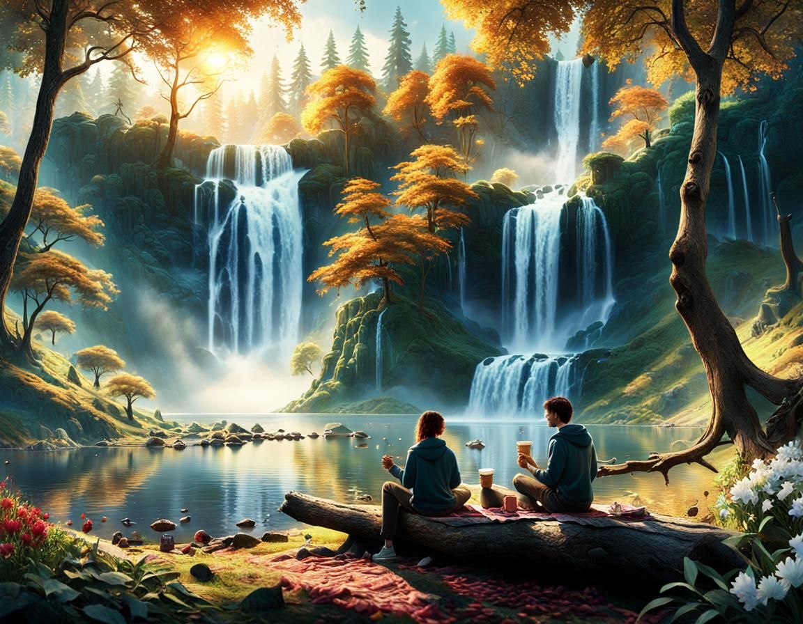 Lakeside Picnic with Waterfall: Cinematic Digital Painting