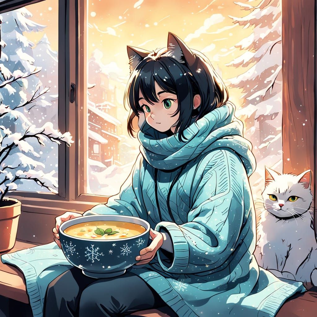 Whimsical Winter Cat in a Golden Glow