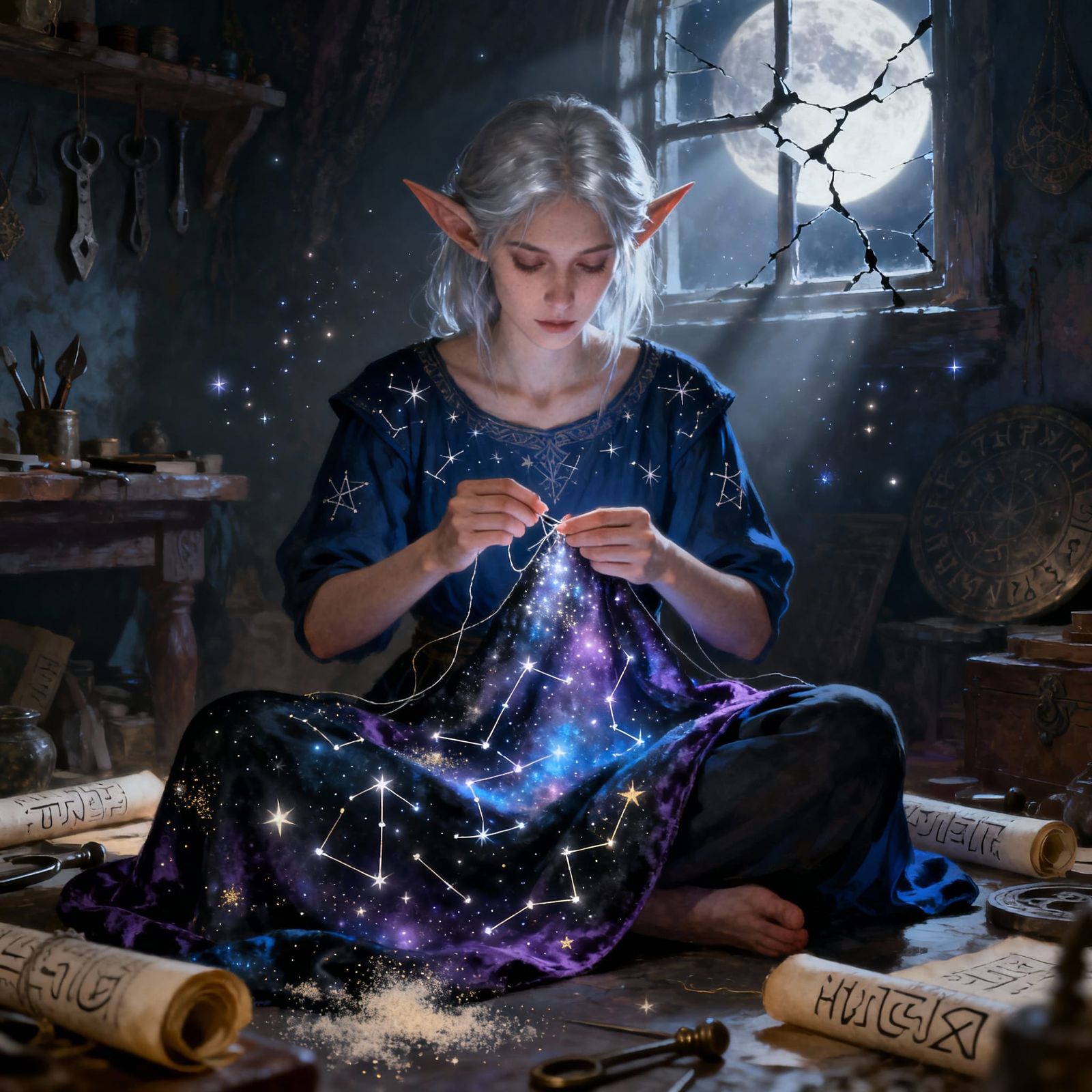 Elven Seamstress Creates Cosmic Garments in Moonlit Workshop
