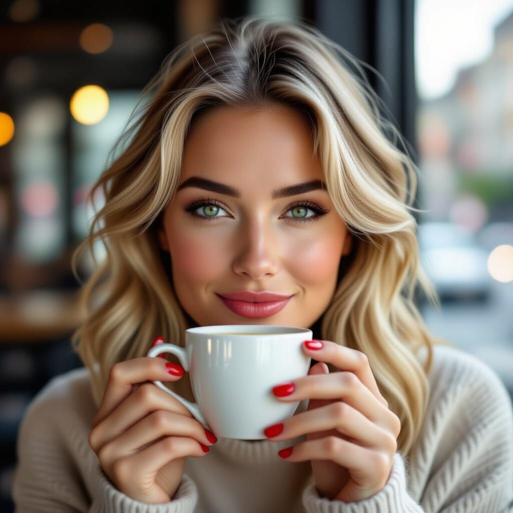 Confident Woman with Coffee in Urban Cafe Portrait