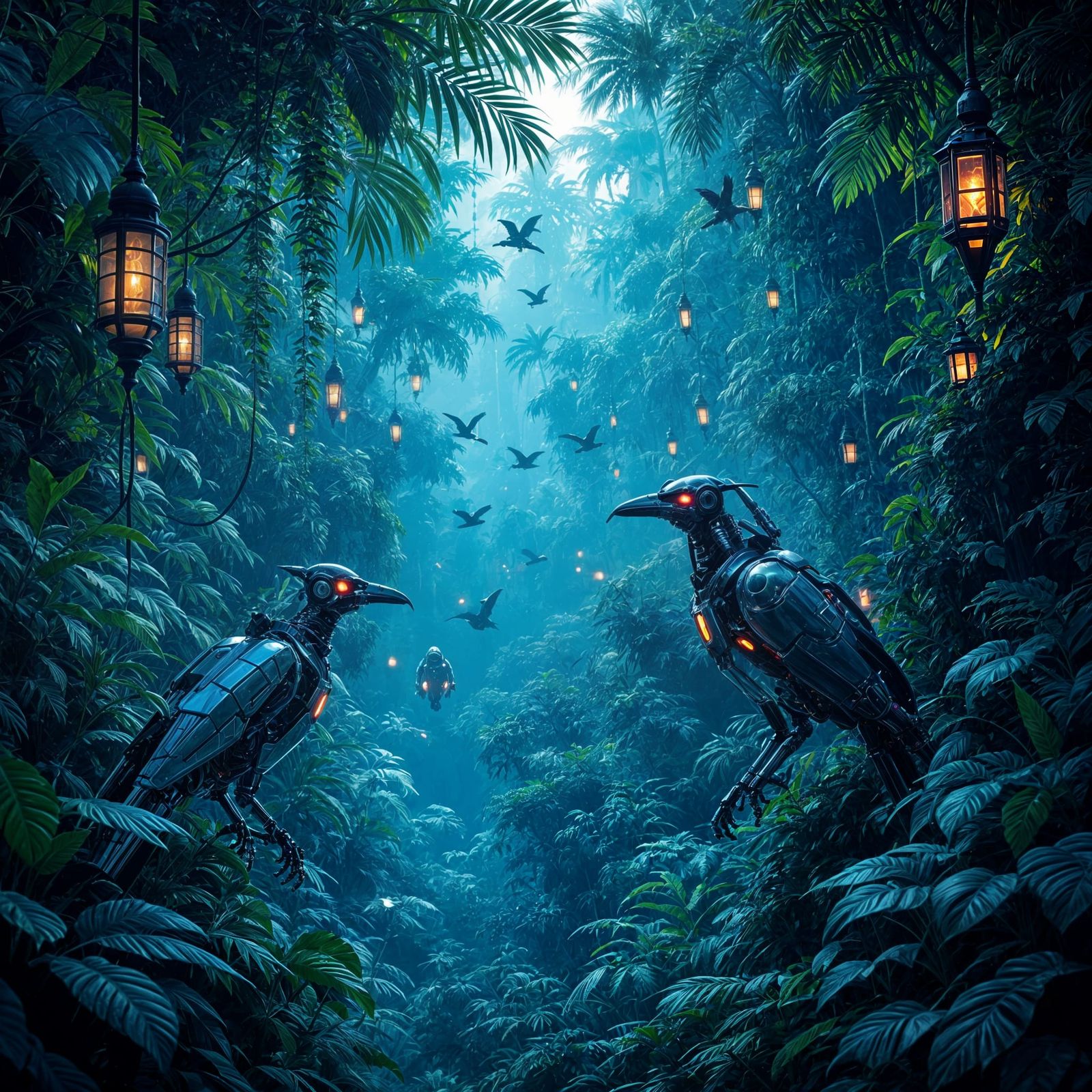 Futuristic Cybernetic Jungle With Glowing Robotic Birds