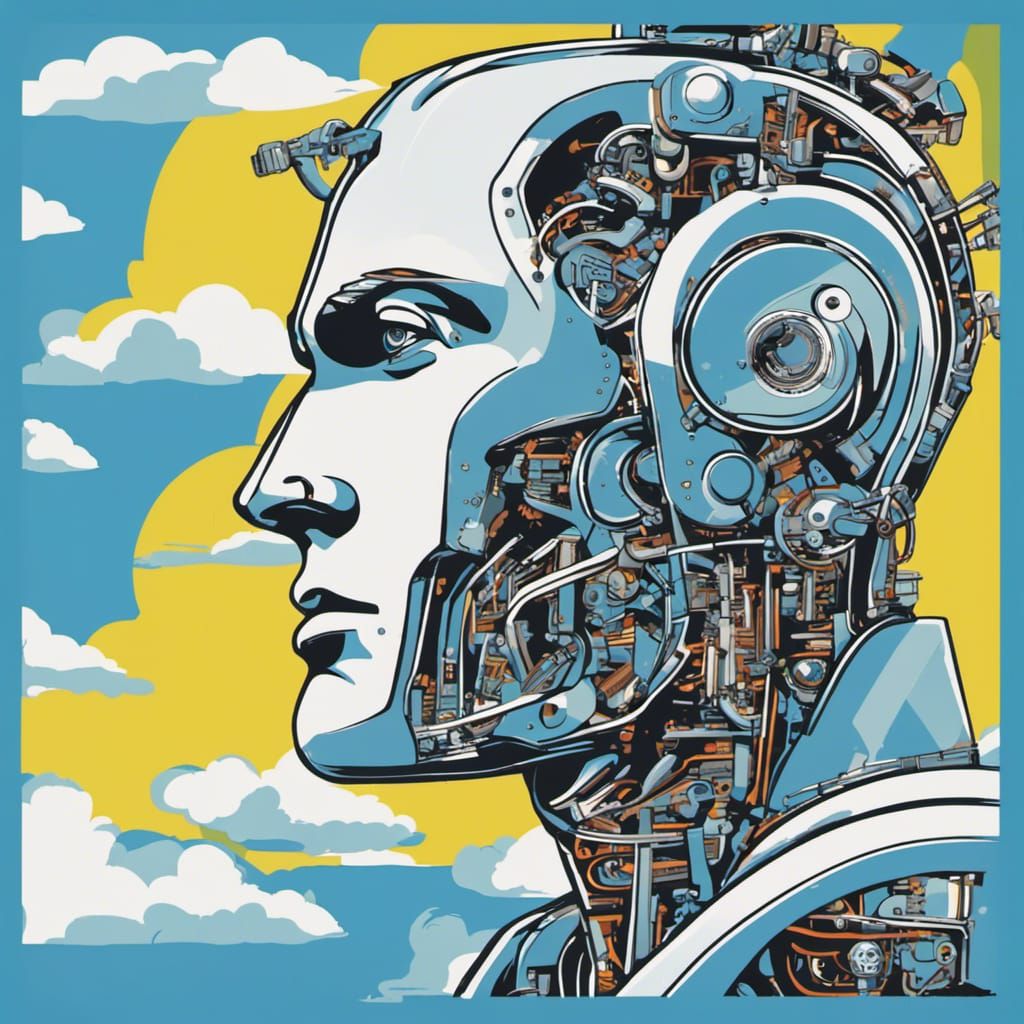 Cyborg Robot Portrait in Vintage Pop Art Style