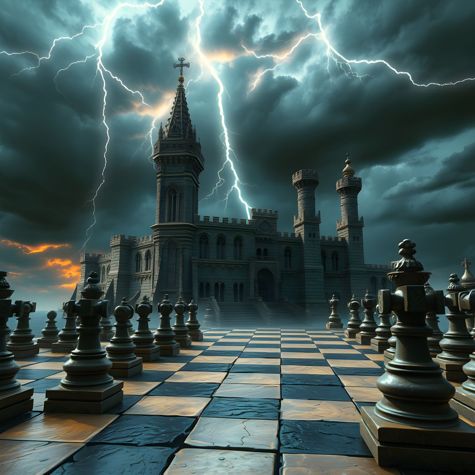 Fantastical Chessboard Castle in Thunderstorm Sky