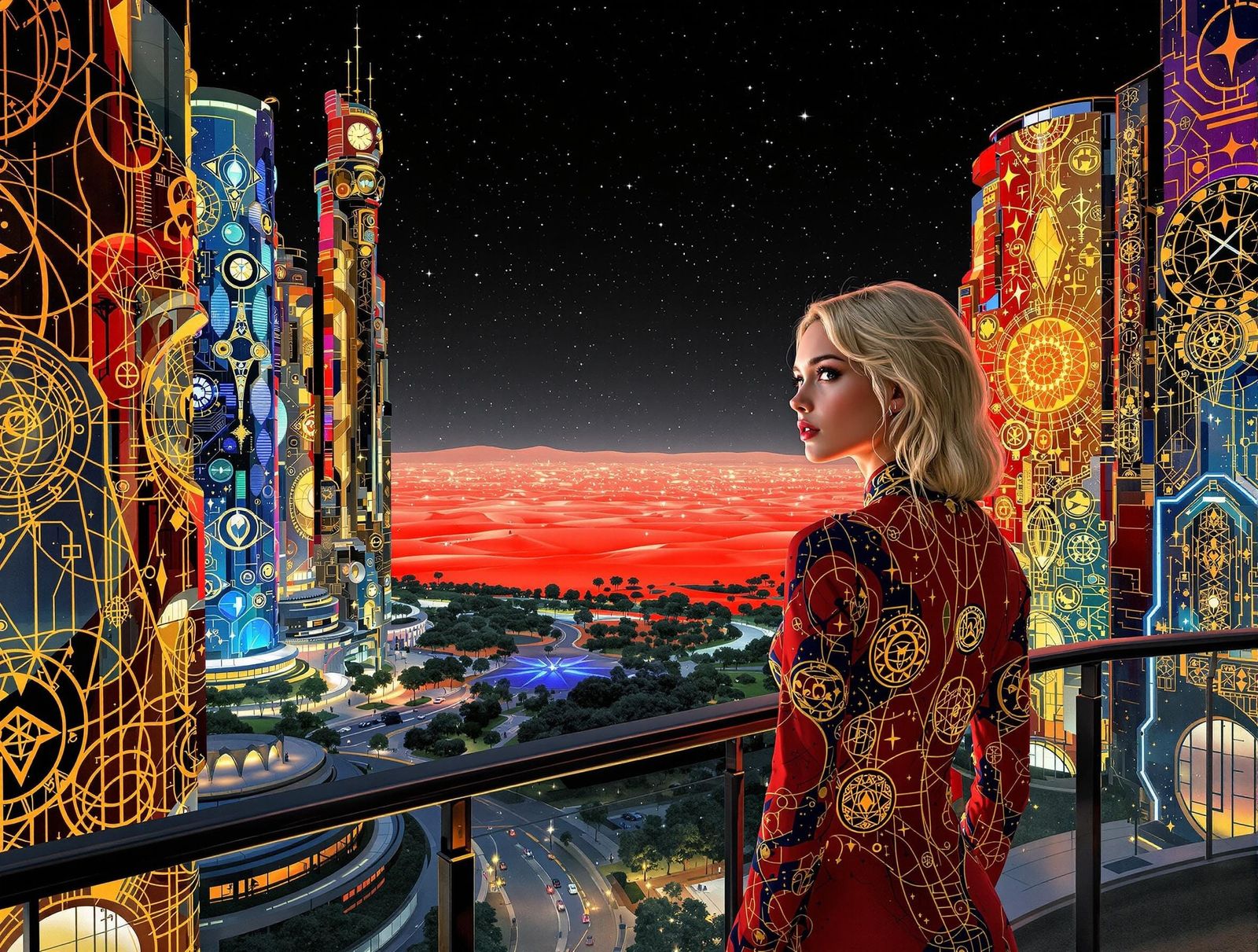 Gustav Klimt-Inspired Cyberpunk Goddess in Futuristic City