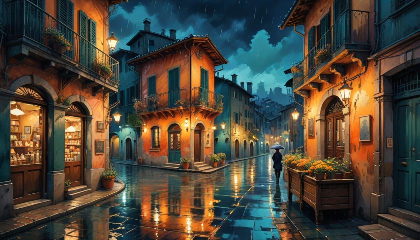 Dreamy Rainy Night in Italian Cityscape, Post-Impressionist...