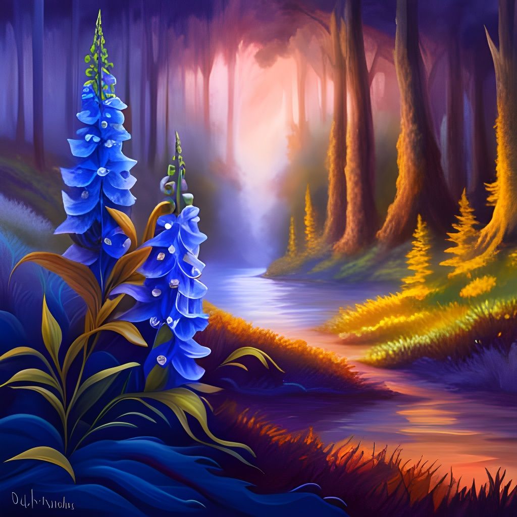Hyperdetailed Delphinium in Forest Clearing: Gouache Airbrus...