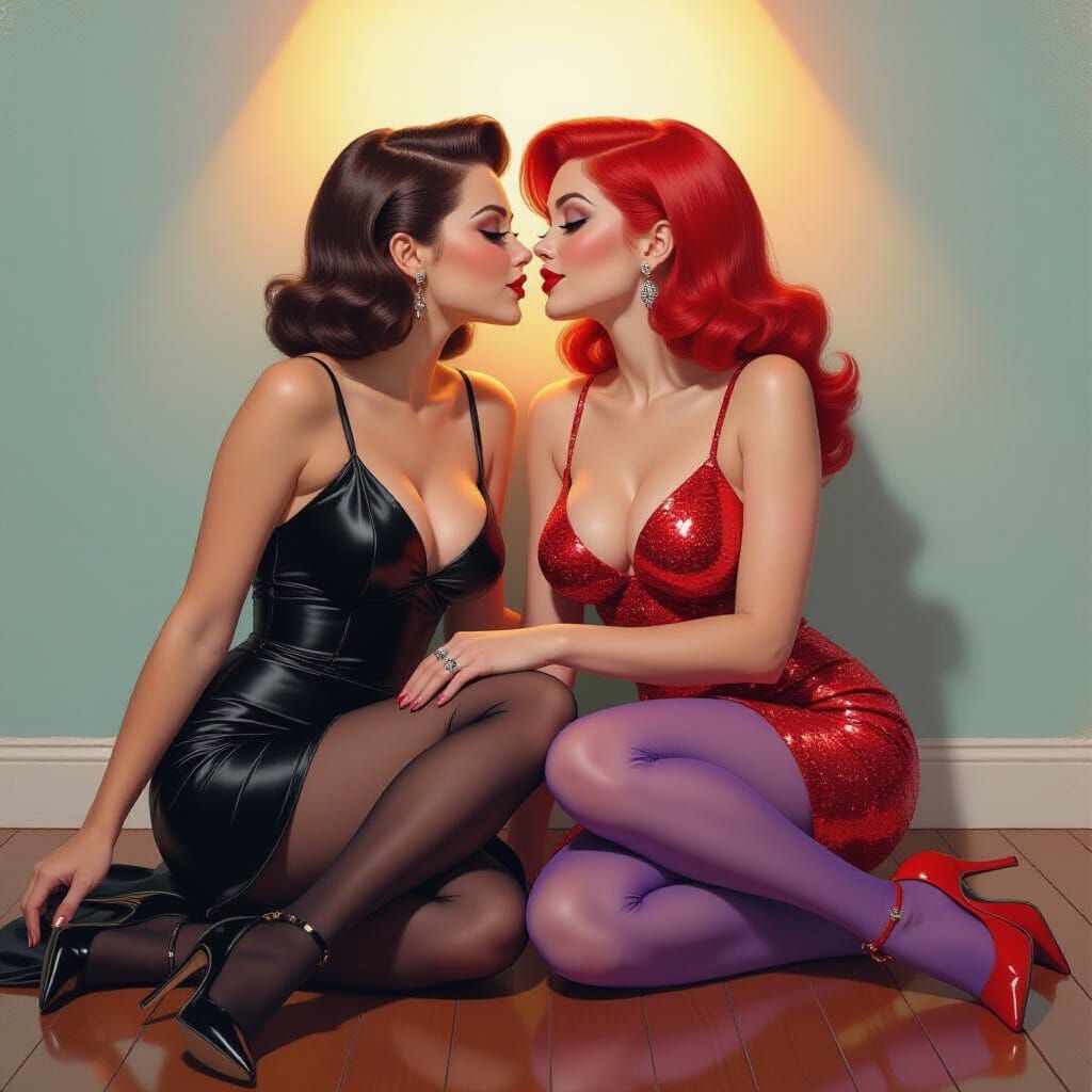 Hyperrealistic Kiss: Brunette and Redhead in Satin and Sequi...