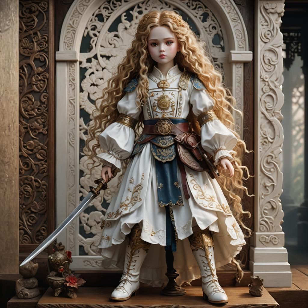 Porcelain Princess Doll with Sword, Detailed Matte Painting