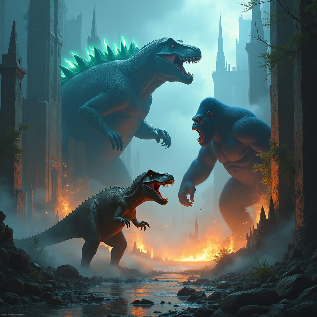 Godzilla, King Kong, and T-Rex Clash in Metropolis