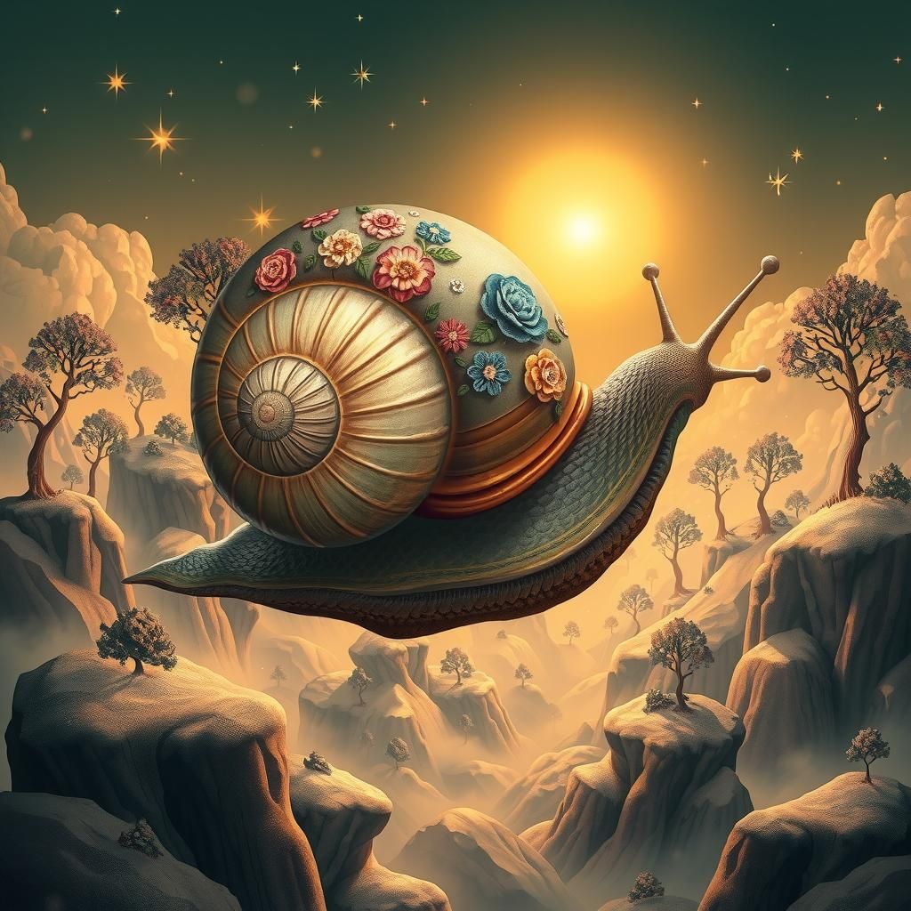 Surreal Snail's Dreamscape Journey in Dreamlike Style
