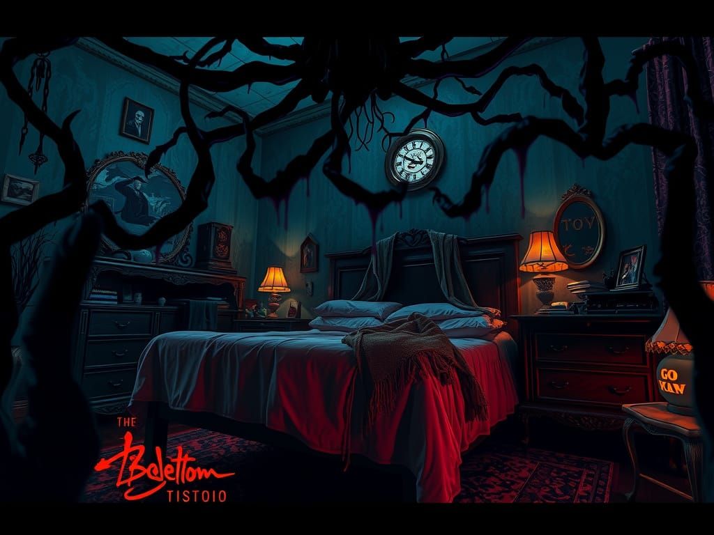 Eerie Bedroom Scene in Dark, Moody Illustration Style