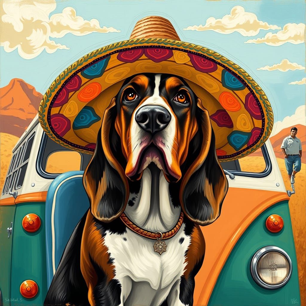 Bassett Hound in Sombrero on Vintage Bus