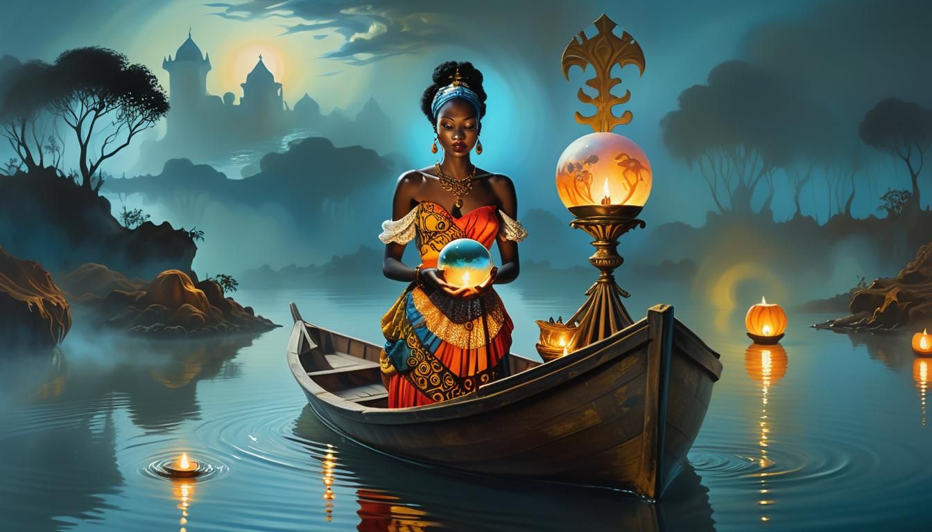 Mystical River Journey: Surreal Symbolist Oil Painting