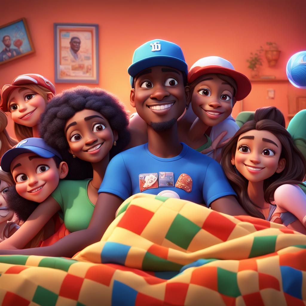Black Man in Bed with Diverse Women: Pixar Style